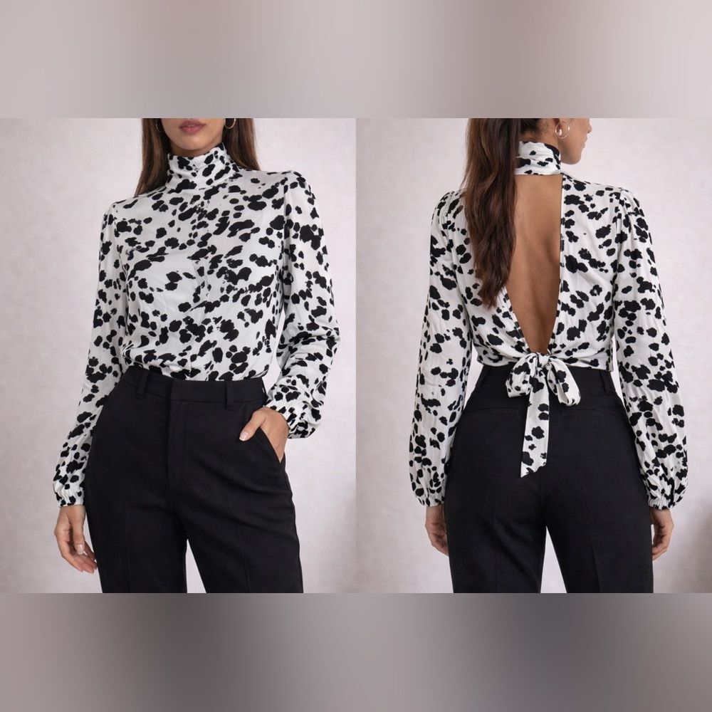Nasty Gal Animal Print Mock Neck Open Back Tie Balloon Sleeve Blouse,Black/White